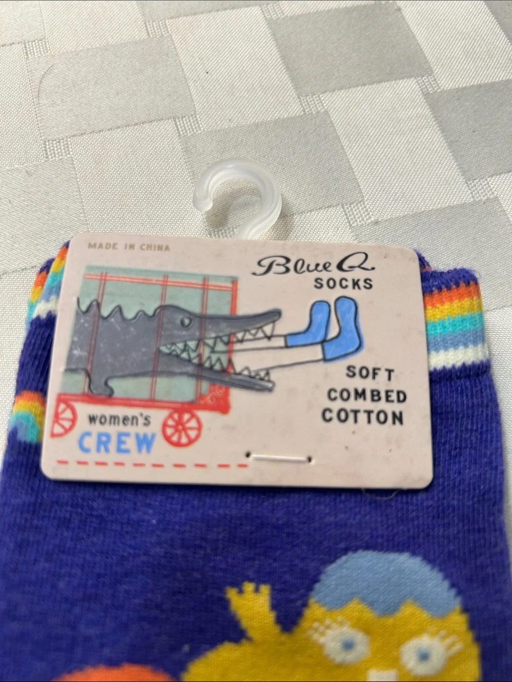 Blue Q Purple Crew Socks with Rainbow Graphic and Light Blue Accents